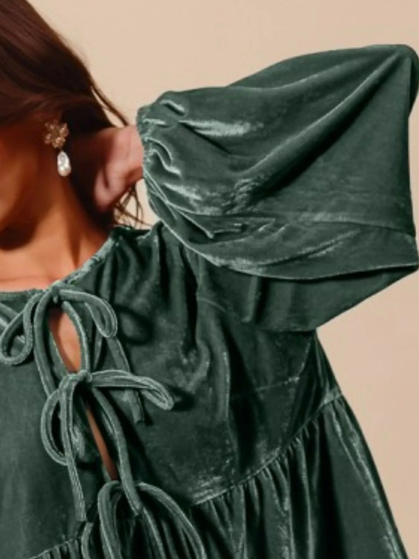 Balloon Sleeve Tie-Front Velvet Peasant Blouse