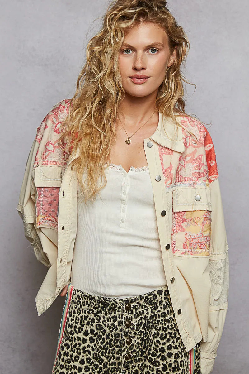 Textured Fabric Blend Jacket with Elegant Lace Trim
