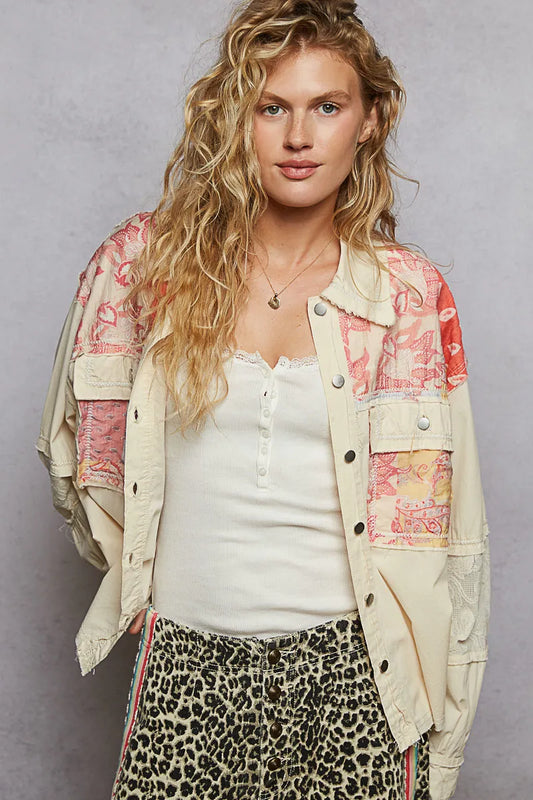 Textured Fabric Blend Jacket with Elegant Lace Trim