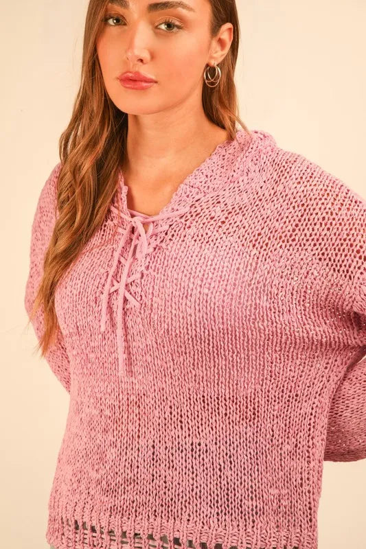 Oversized Openwork Lace Up Hooded Sweater