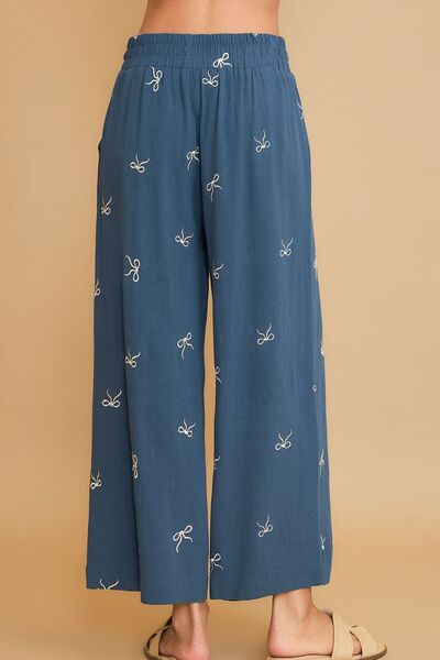 Full Size Lace Drawstring Embroidered Bow Wide Leg Pants Plus Size