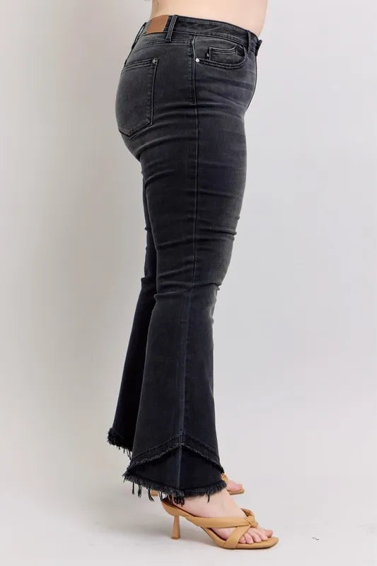 Full Size High Waist Flare W/ Mock Fray Tulip Hem Plus Size