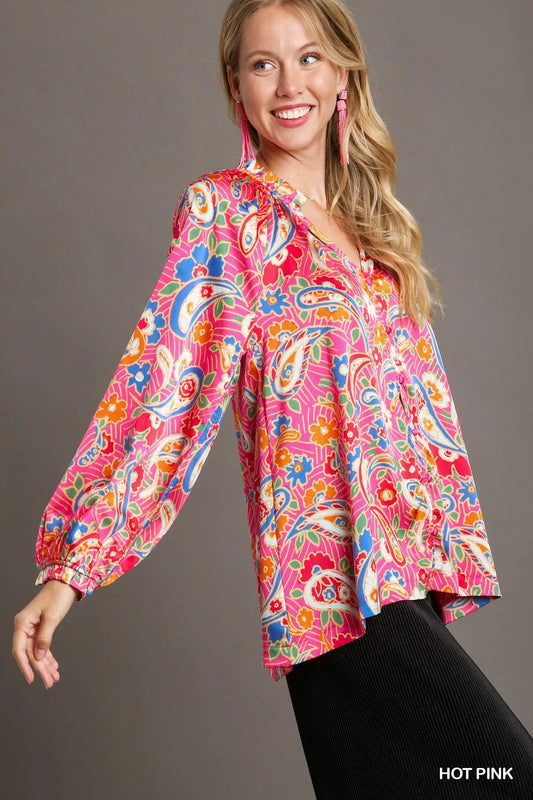 Full Size Satin Paisley Ruffle Neck Button-Down Blouse