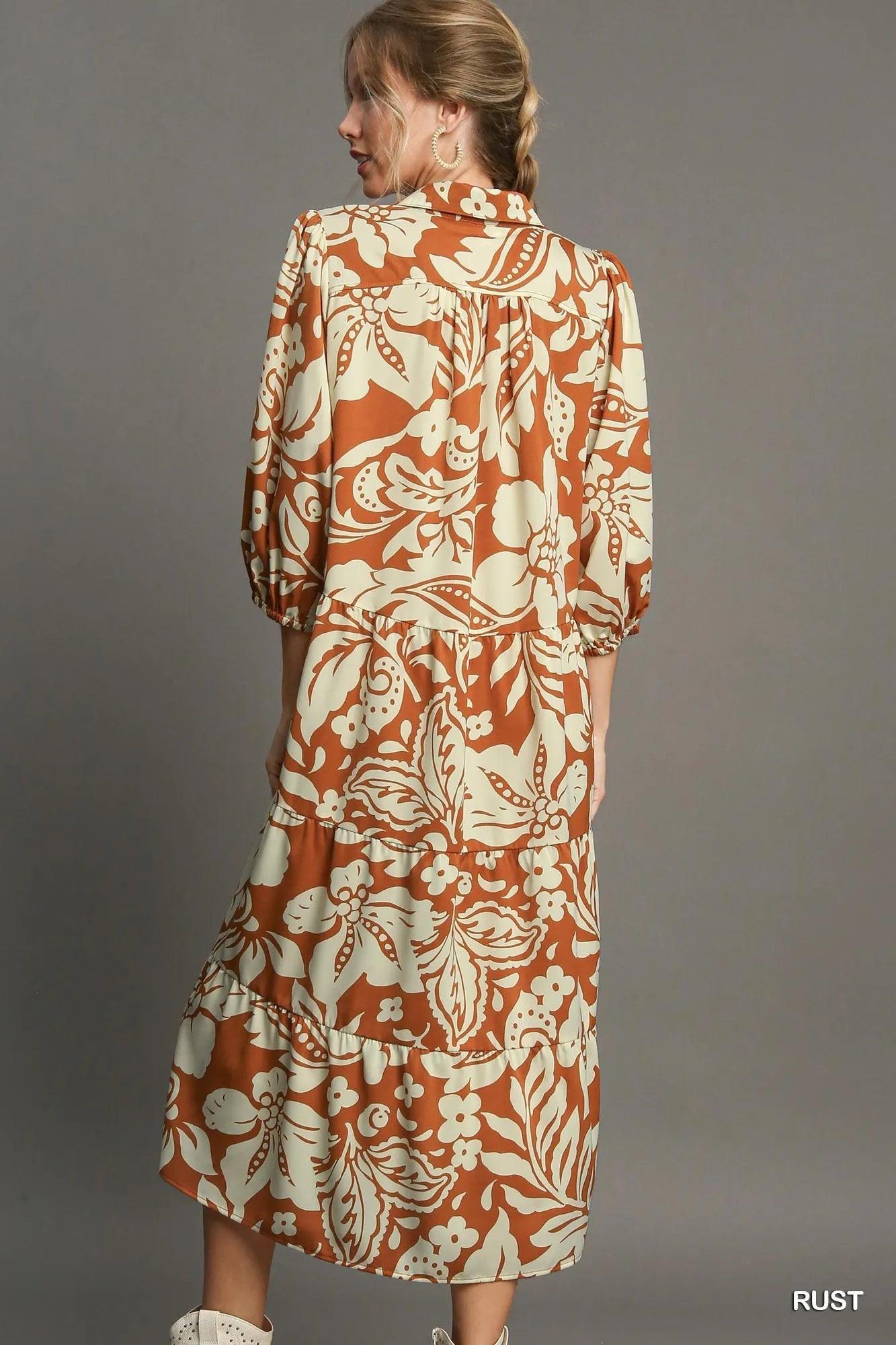Chic Floral Tiered Midi Shirt Dress