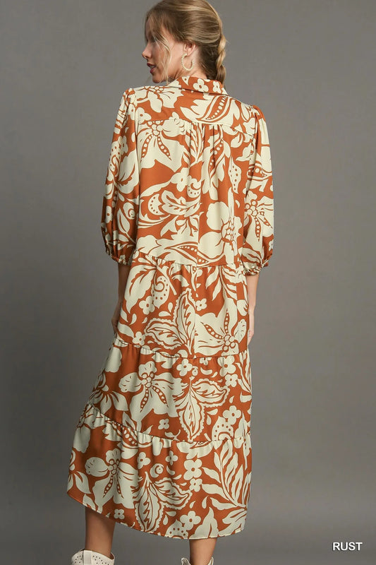 Chic Floral Tiered Midi Shirt Dress