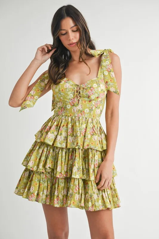 Floral Print Shoulder Tie Layered Mini Dress
