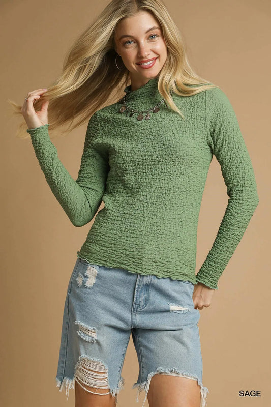 Crinkle Knit Textured Long Sleeve Top