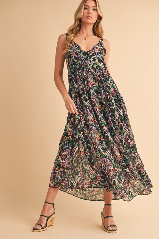 Printed V-Neck Frill Tiered Cami Dress