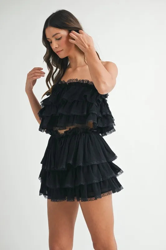 Ruffle Layered Crop Top and Mini Skirt Set