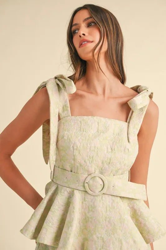 Jacquard Floral Peplum Top and Flare Shorts Set