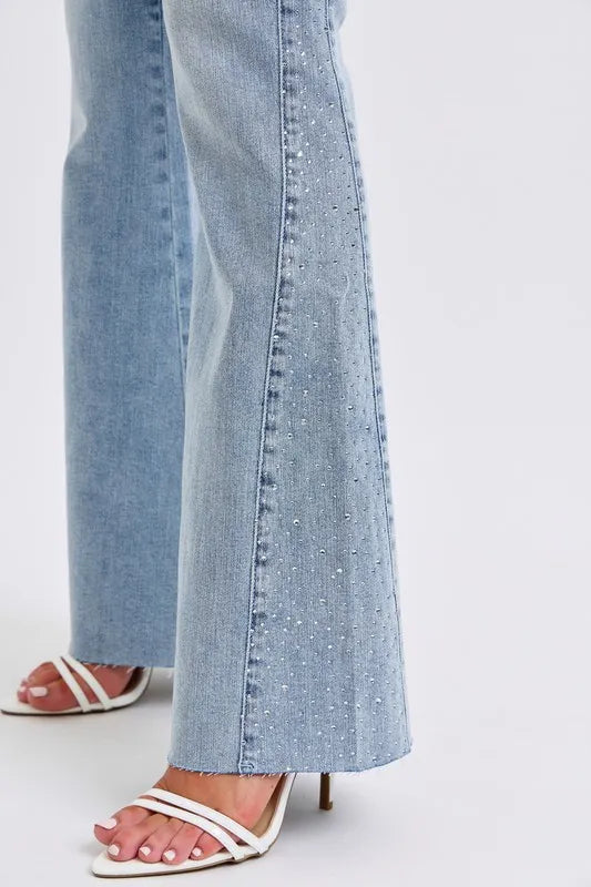 Full Size Midi Rise Rhinestone Side Panel Detail Flare Jeans Plus Size