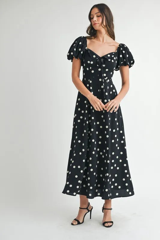 Polka Dot Puff Sleeve Midi Dress
