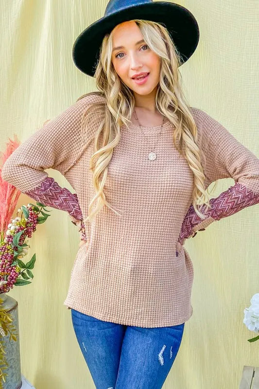 Button Detail Printed Sleeve Waffle Knit Top