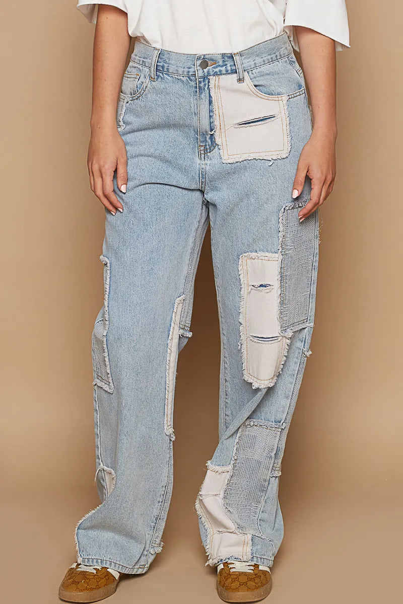 Patchwork Distressed Raw Hem Boyfriend Jeans