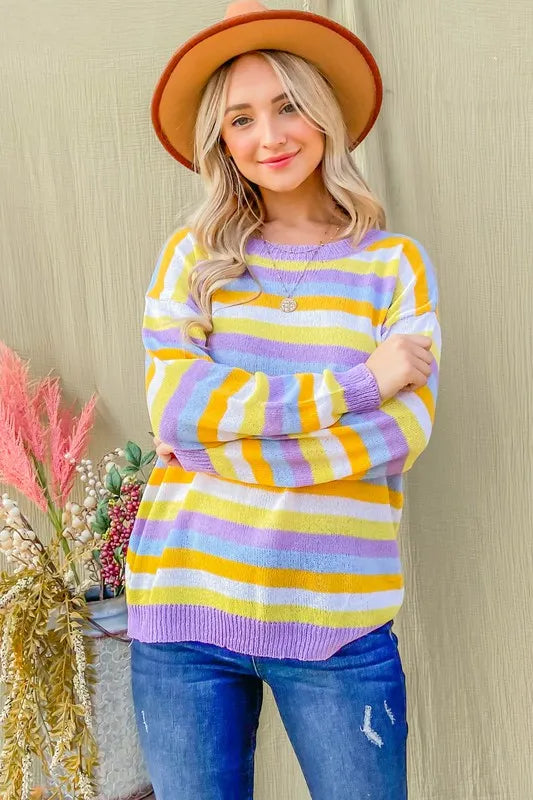 Multi Striped Mesh Pullover Spring Sweater