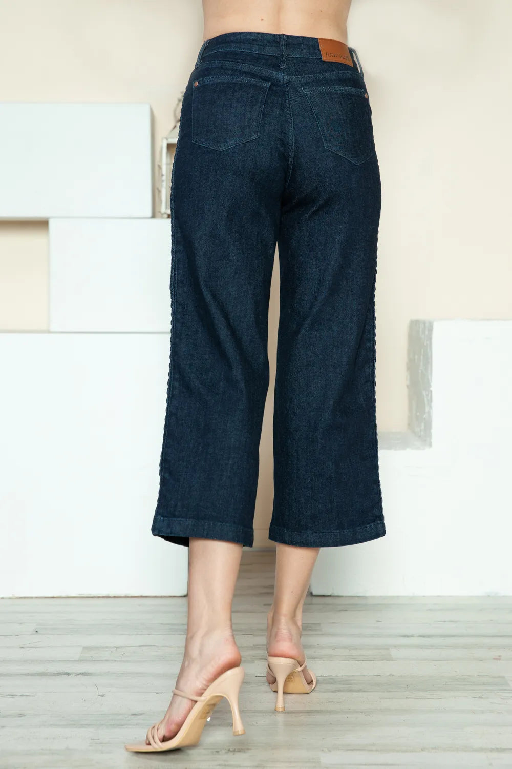 Full Length Braided Seam Cropped Wide-Leg Denim