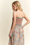 Smocked Printed Square Neck Tie Shoulder Cami Dress