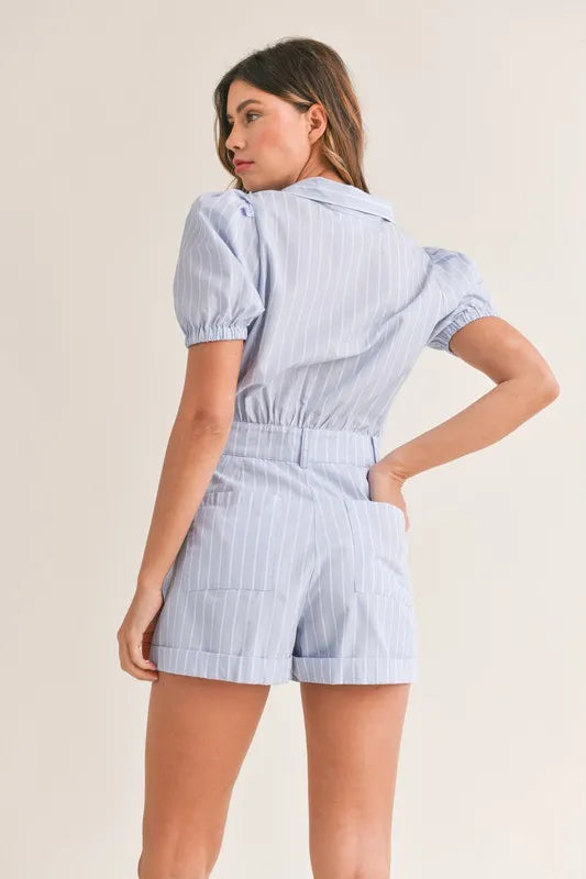 Striped Puff Sleeve Collared Neck Romper