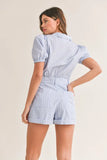 Striped Puff Sleeve Collared Neck Romper
