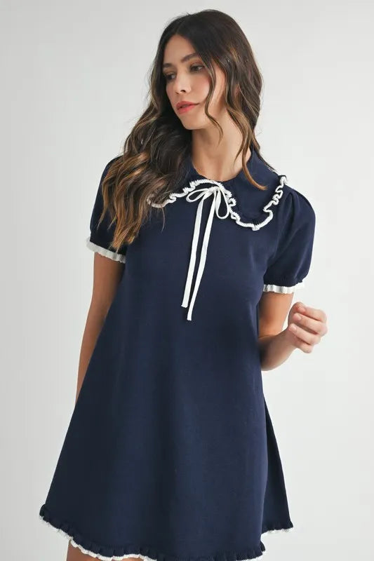 Ruffle Trimmed Collar Fine Knit Mini Dress