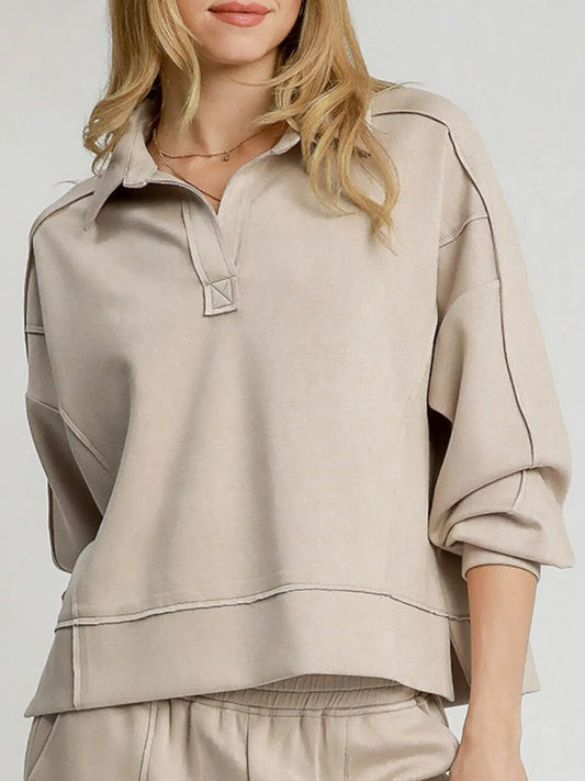 Modern Seam Long Sleeve Polo Top with Sophisticated Slit