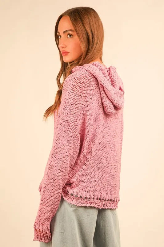 Oversized Openwork Lace Up Hooded Sweater