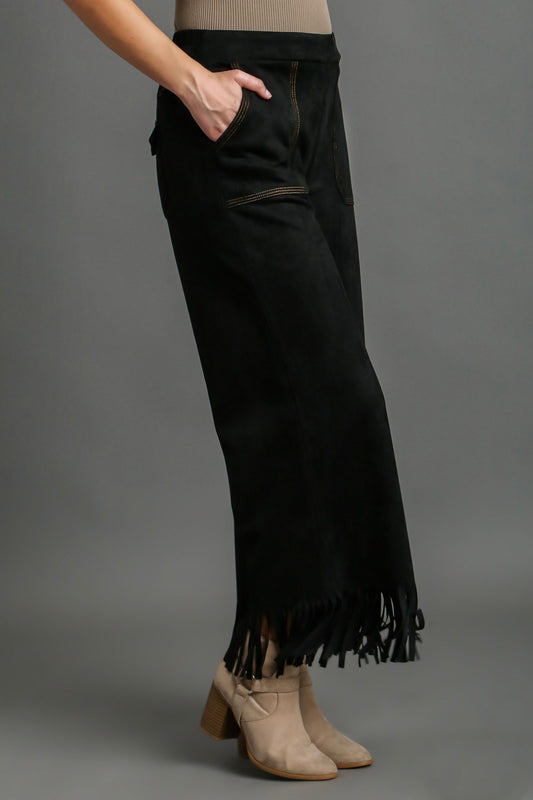 Full Size Suede Fringe Hem Wide Leg Pants Plus Size