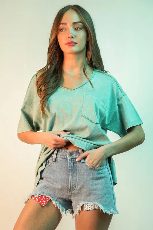 Raw Hem Pocketed Contrast Washed Denim Shorts