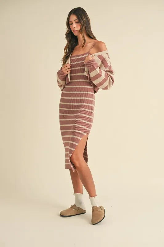 Stripe Crop Cardigan and Bodycon Dress Sweater Set