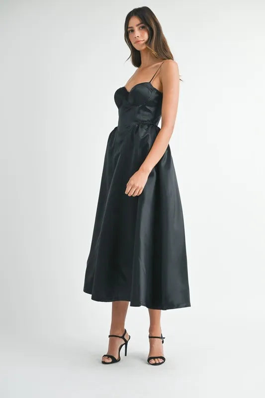 Solid Taffeta Spaghetti Strap Bustier Midi Dress