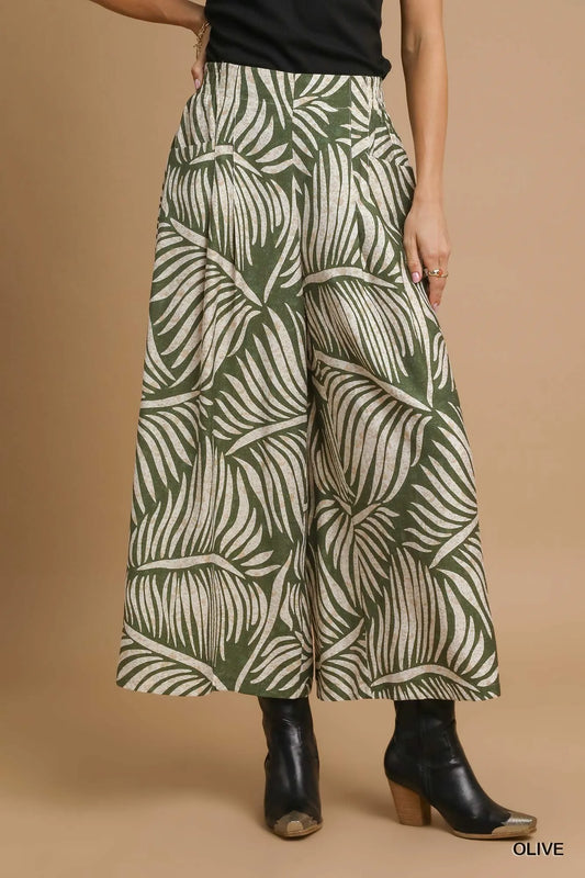 Tropical Palm Leaf Wide-Leg Culotte Pants