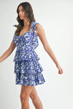 Floral Print Shoulder Tie Layered Mini Dress