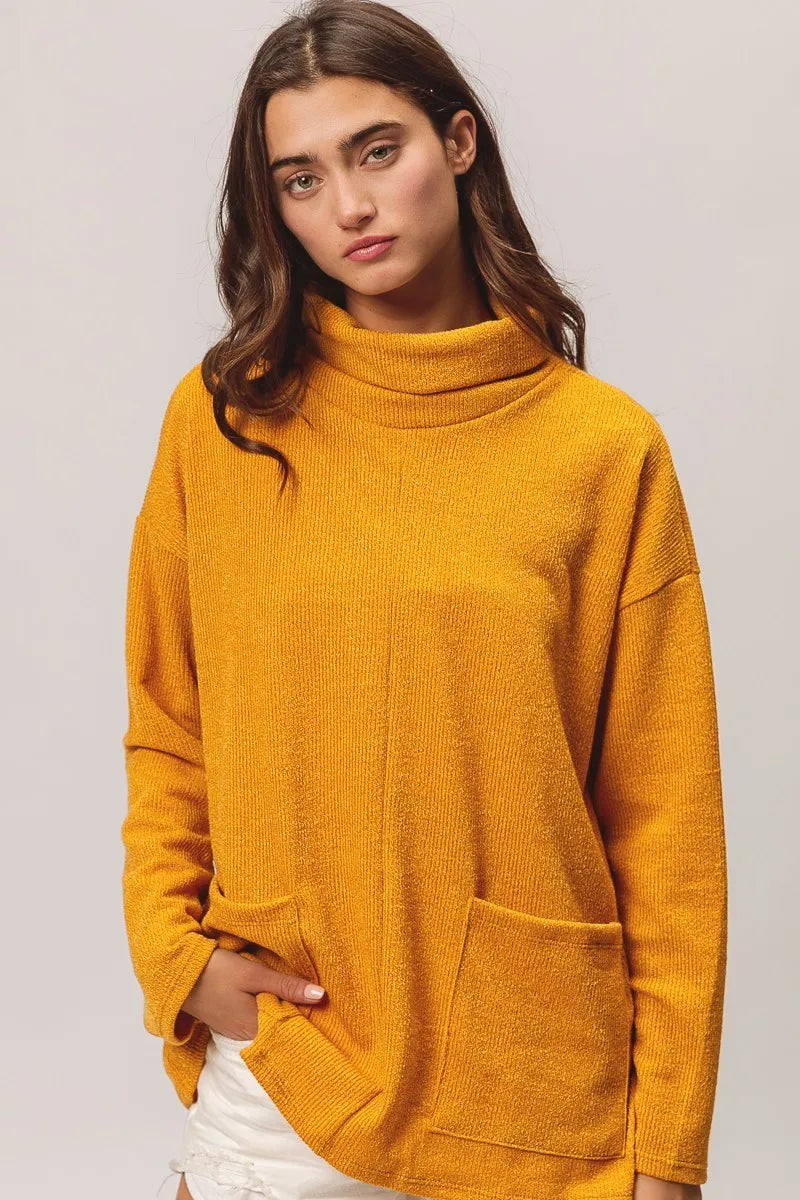 Piper Ribbed Double Pocket Turtleneck Knit Top