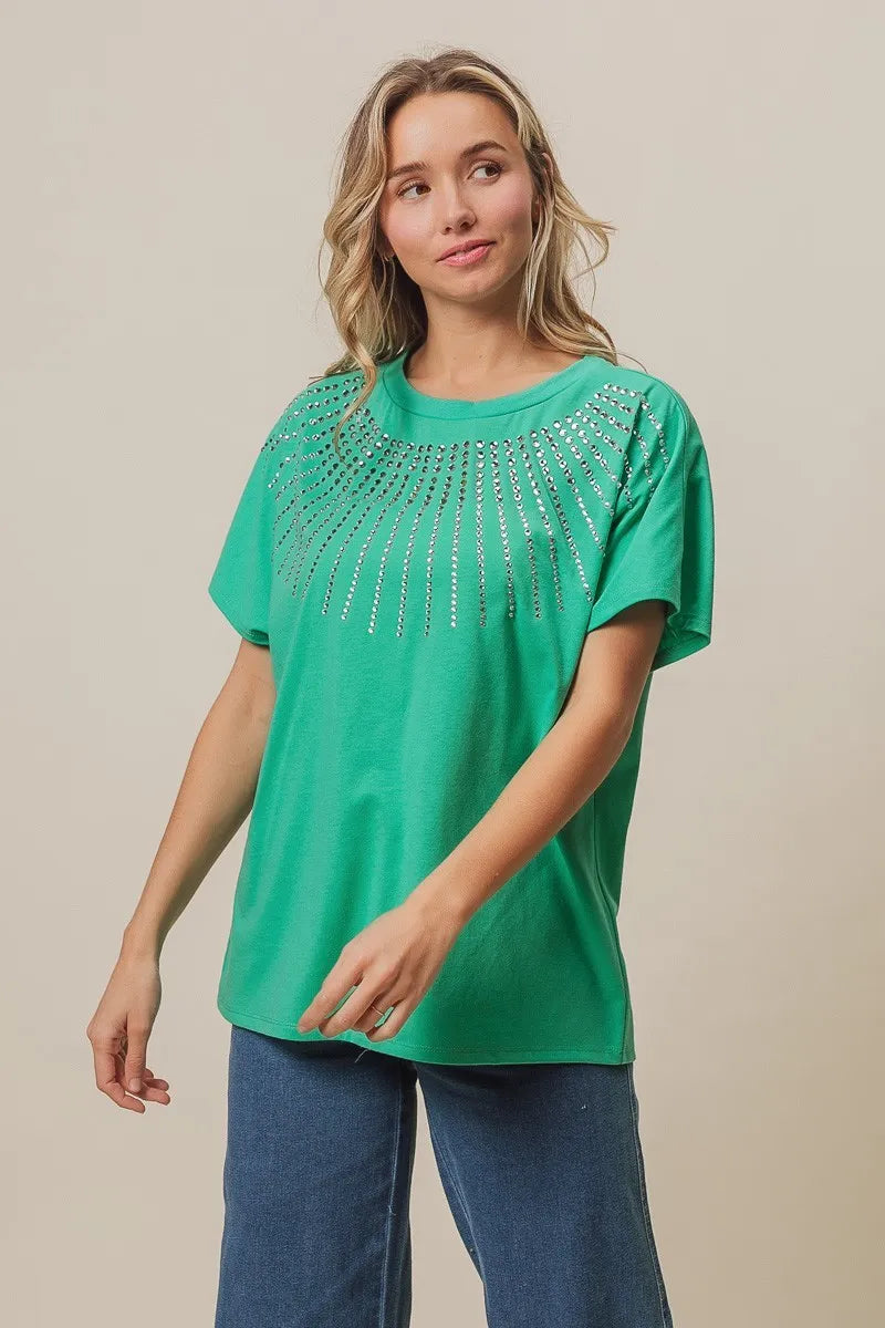 Rhinestone Beaded Short Sleeve Top