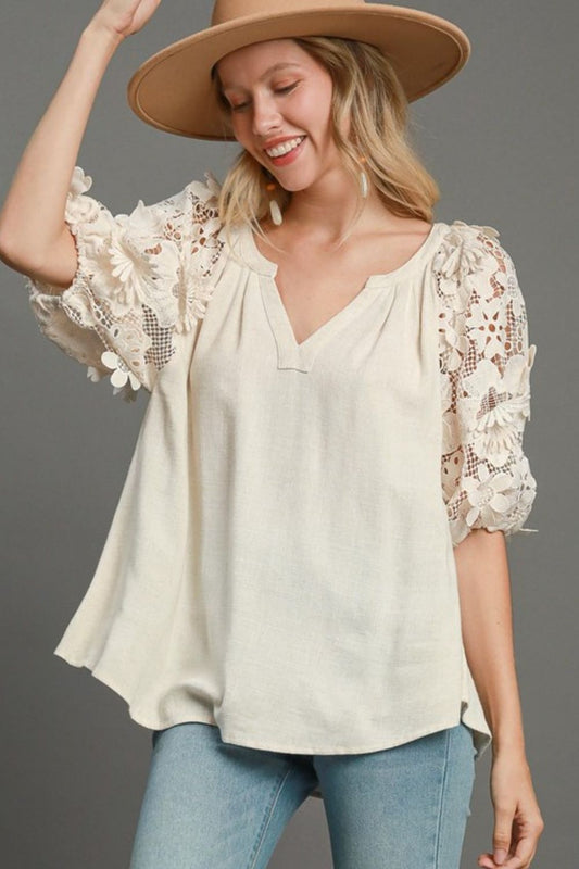 Full Size French Terry Boxy Cut Top with 3D Floral Sleeve Plus Size