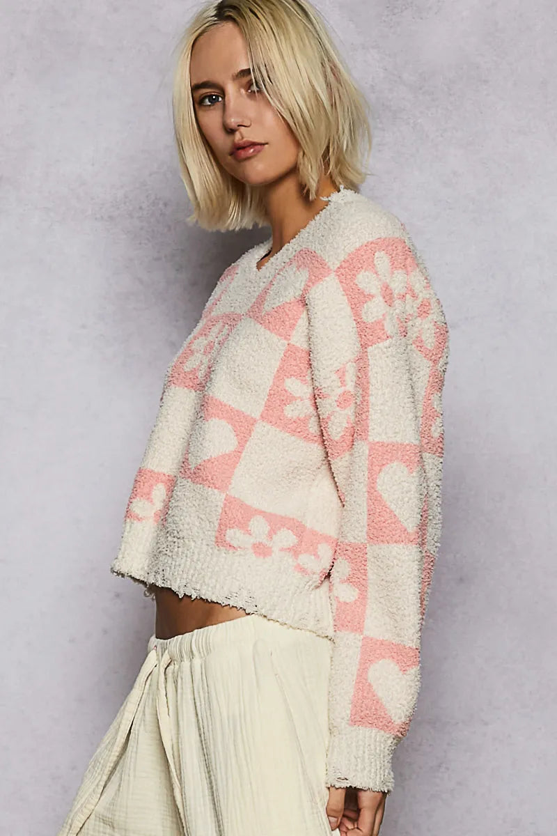 Chic V-Neck Fleece Checkered Pullover Sweater
