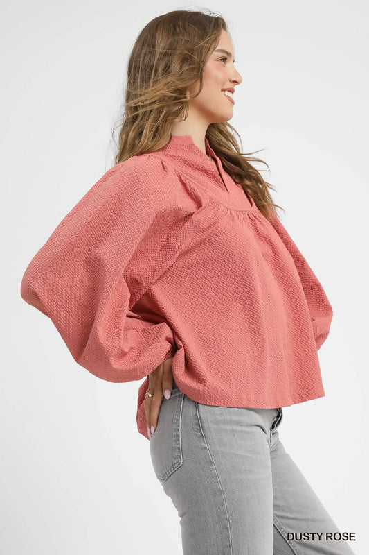 Notched Blouse with Puff Sleeves