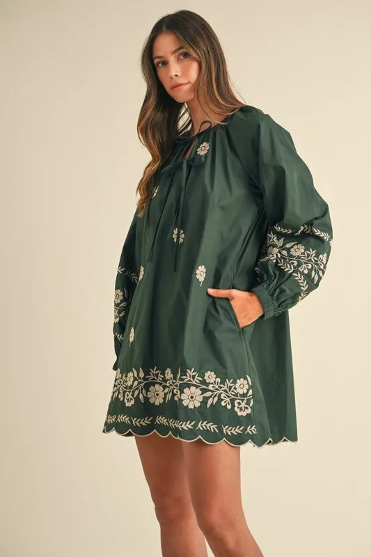 Embroidered Long Sleeve Peasant Mini Dress