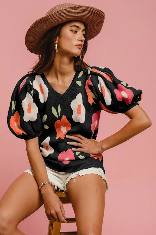 Floral Pattern Puff Sleeves V-Neck Sweater