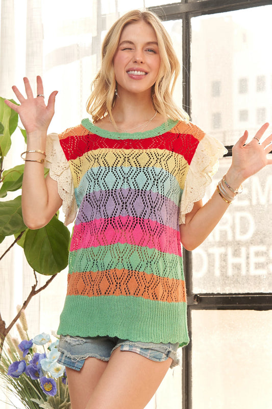Eyelet Sleeve Multi Color Crochet Top