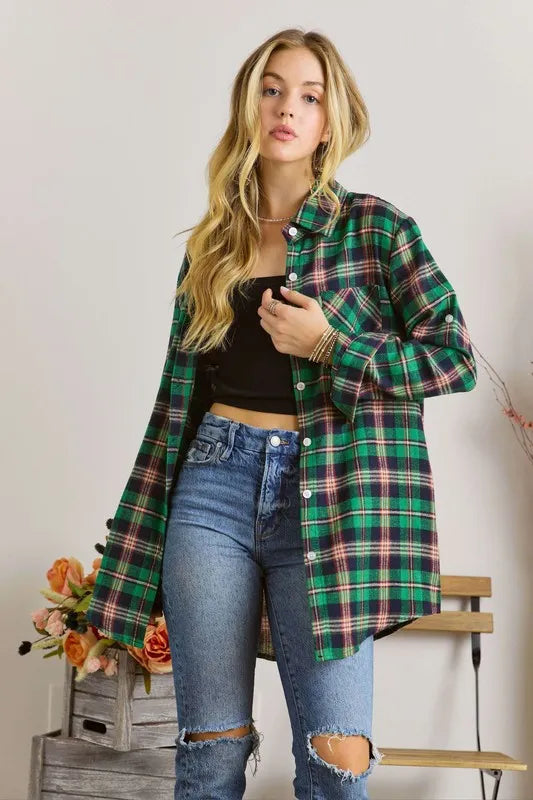 Full Size Button Down Classic Plaid Shirt W Roll Up Sleeve Plus Size