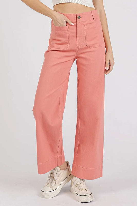 Twill Patch Pocket High Rise Wide Leg Pants