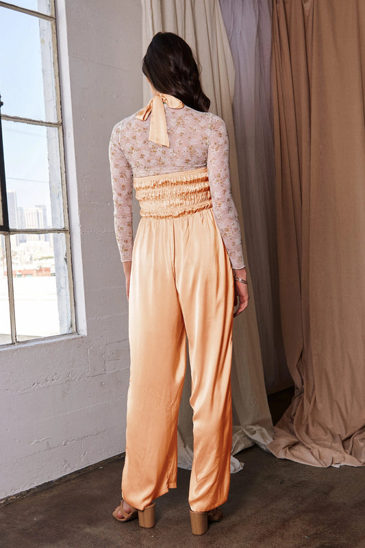Halterneck Tie Closure Smocked Bodice Jumpsuit