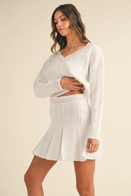 V-Neck Varsity Crop Knit Sweater and Skirt Set