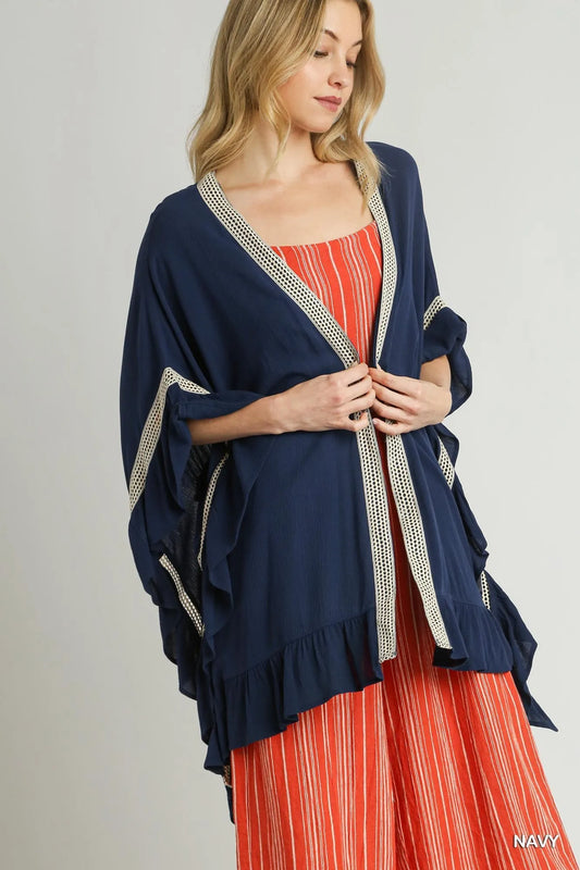 Crochet Accent Kimono with Ruffle Detailing