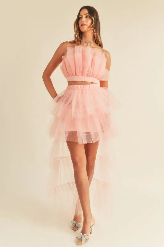 Tulle Tube Ruffle Crop Top and High Low Maxi Skirt Set