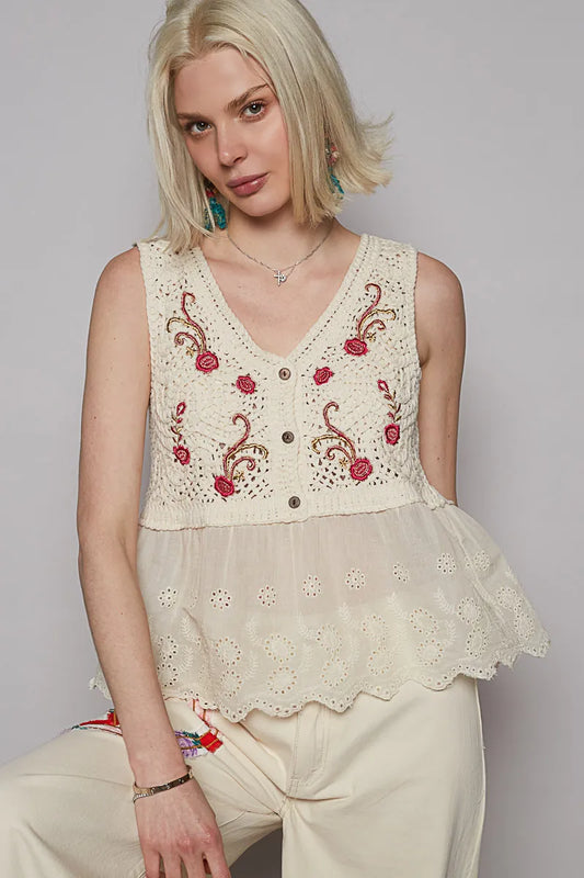 Intricate V-Neck Eyelet Peplum Top with Embroidery