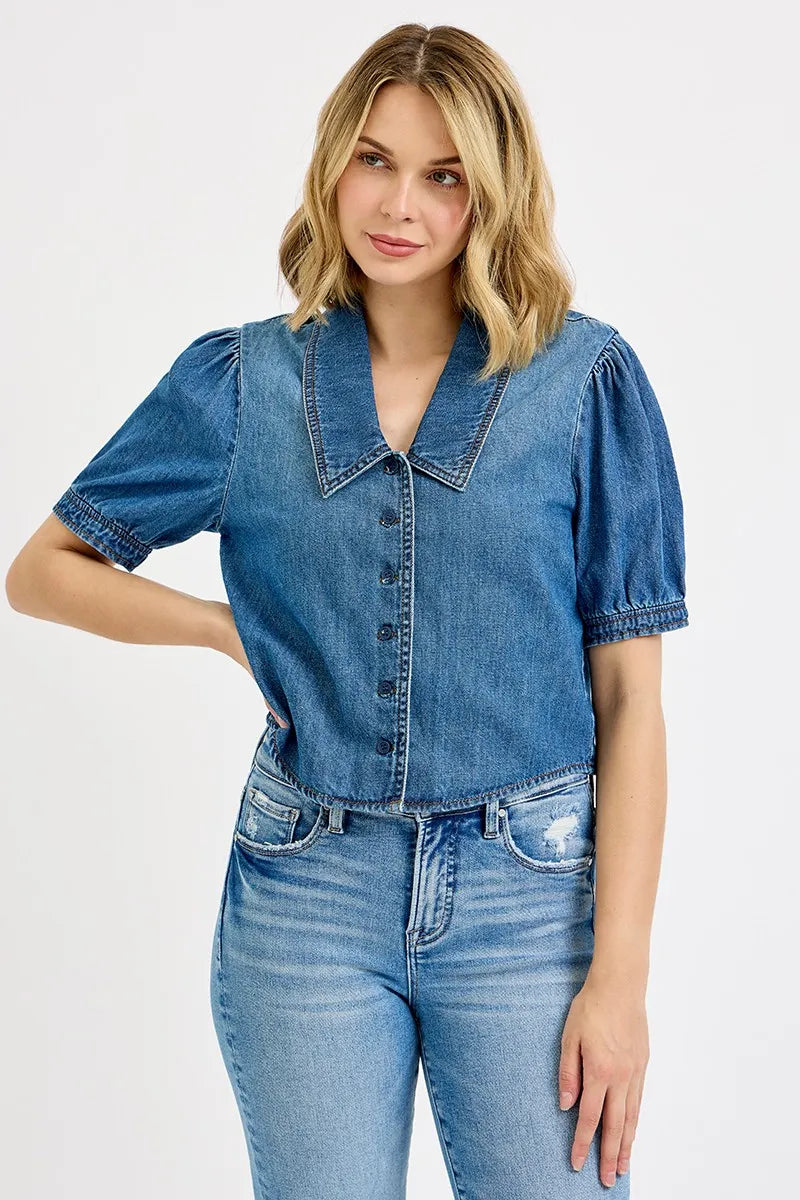 Puff Sleeve Cropped Denim Button-Up Shirt
