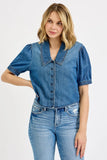 Puff Sleeve Cropped Denim Button-Up Shirt