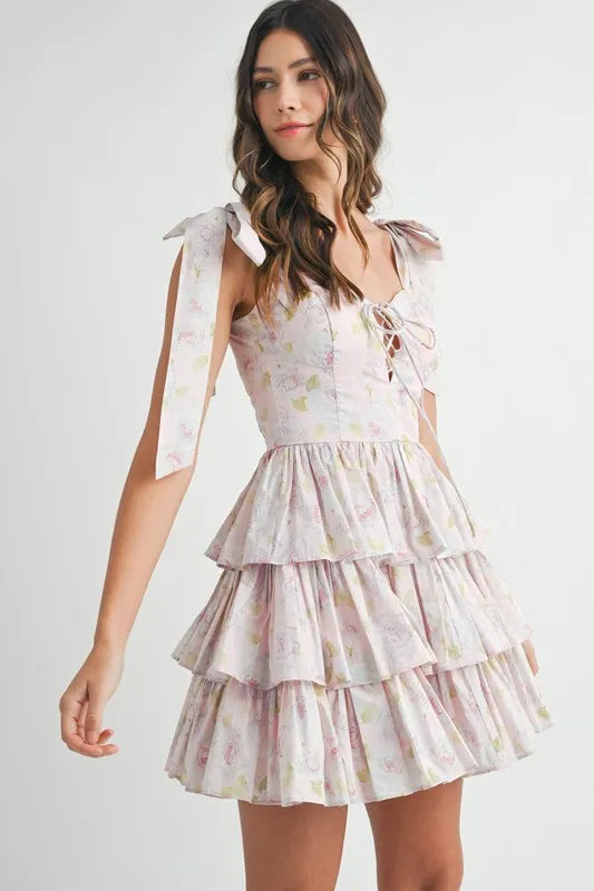 Floral Print Shoulder Tie Layered Mini Dress